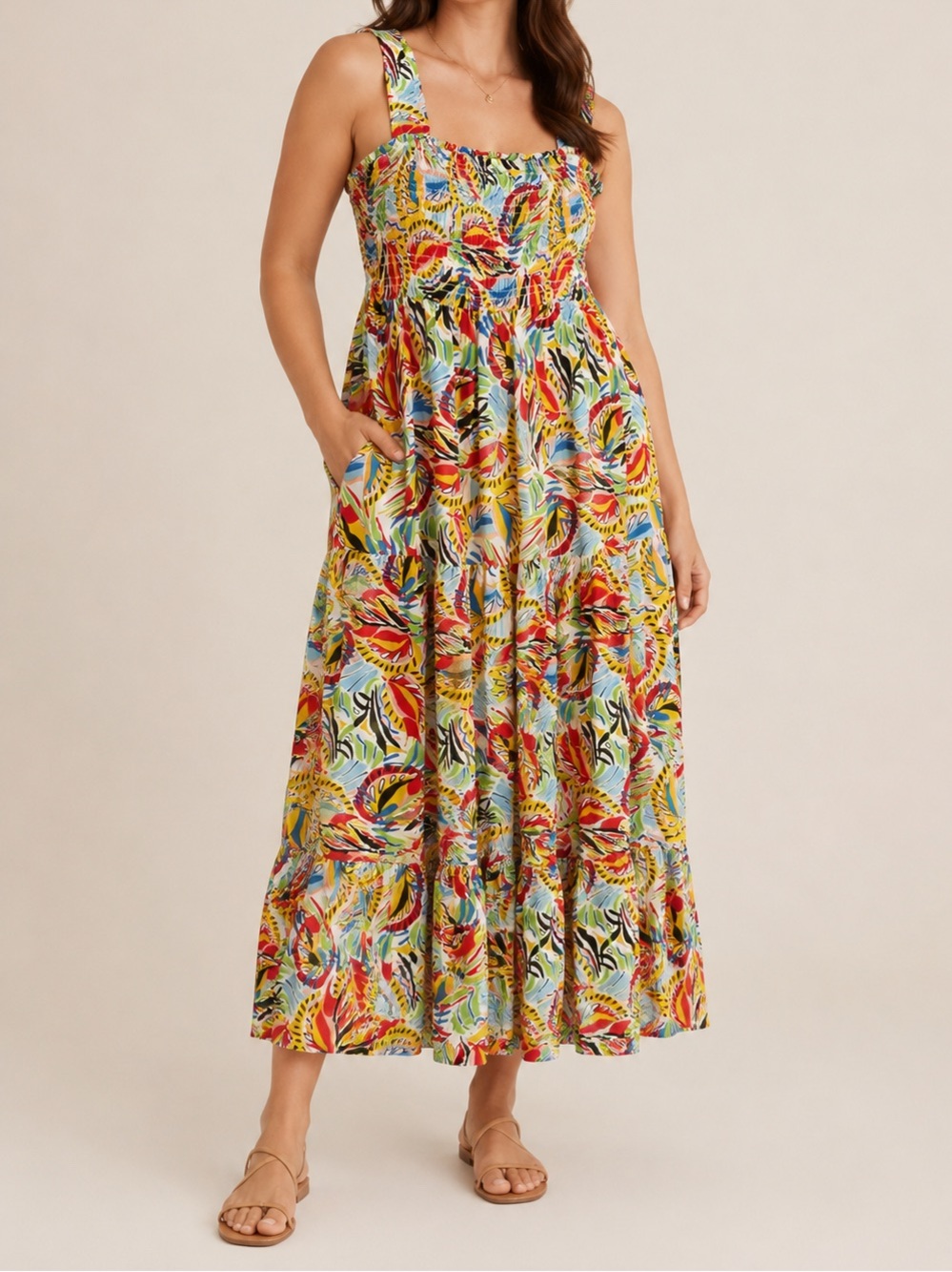Smocked Tropical Print Maxi Dress - Multicolor